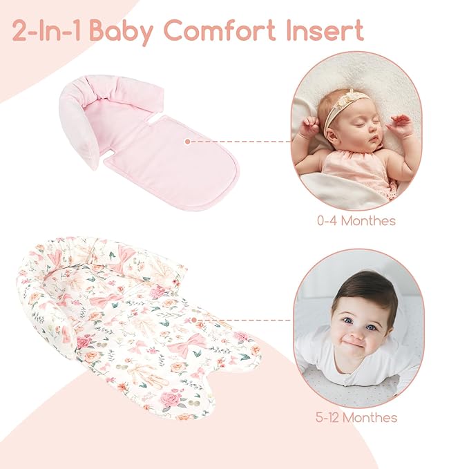 Baby Car Seat Head Support for Newborn, GFU 2 in 1 Infant Car Seat Head Body Support with Strap Pads, Soft Stroller Cushion Pillow Insert for Girls, Fits for Stroller, Swing, Pink Floral-CubbioJoy