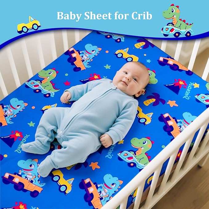 Cloele Dinosaur Crib Bedding Sets for Boys - 3 Piece Standard Size Baby Bedding Set Includes Crib Comforter Fitted Sheet Crib Skirt - Nursery Bedding Set for Boys and Girls-CubbioJoy