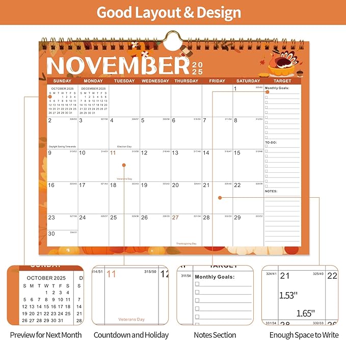 Calendar 2025-2027 22 Monthly Wall Calendar Runs from September 2025 until June 2027 Spiral Binding Hanging 11.5" x 14.7" Thick Paper with Julian Dates and Block for School Office（Festive)-CubbioJoy
