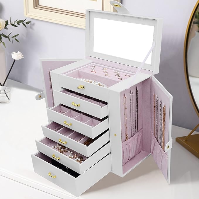 AKOZLIN Extra Large 6-Tier Jewelry Box Organizer with Mirror, 5 Drawers Leather Jewelry Storage Case for Women Girls Ring Necklace Earring Bracelet White-CubbioJoy