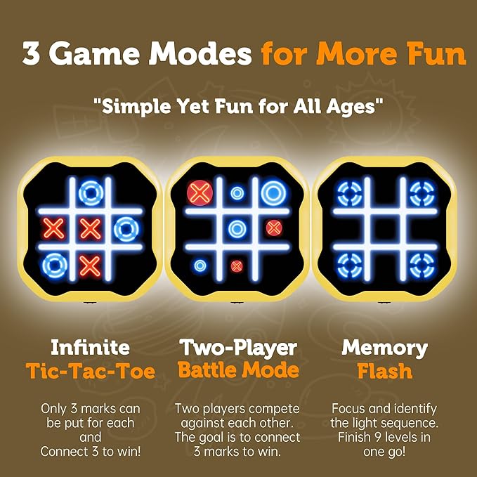 3 in 1 Electronic Tic Tac Toe Game, Handheld Digital Tic Tac Toe Bolt Game with Silent Mode, Portable Learing Toy Gift for Kids & Adults, Yellow-CubbioJoy