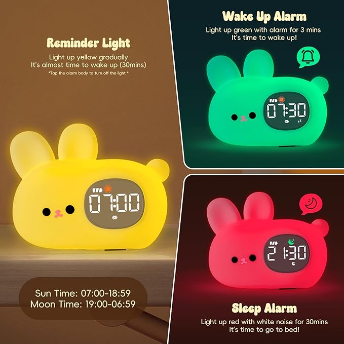Bunny Alarm Clock with Night Light for Kids with Sleep Training and Sound Machine, Rechargeable Silicone Lamp OK to Wake Clock，Cute Animal Tabletop Lamp, Perfect Sleep Companion for Boys Girls-CubbioJoy