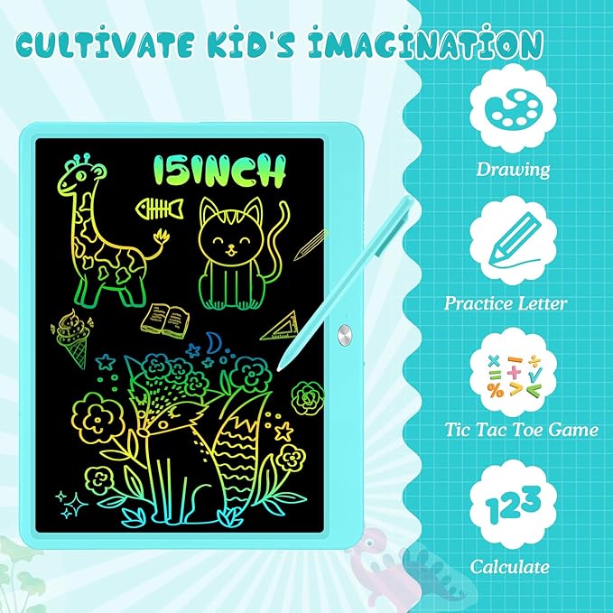 Decute Kids Toys LCD Writing Tablet with Stylus, 15 Inch Erasable Toddlers Doodle Board, Reusable Drawing Pad for Kids, Educational Christmas Birthday Gift for 3 4 5 6 7 8 Girls Boys Toddler Blue-CubbioJoy