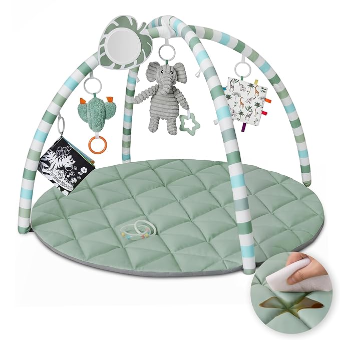Blissful Diary Waterproof Baby Play Gym Mat, Wipe-Clean Vegan Leather Tummy Time Mat with 6 Detachable Toys, Baby Activity Mat, Sage Green-CubbioJoy