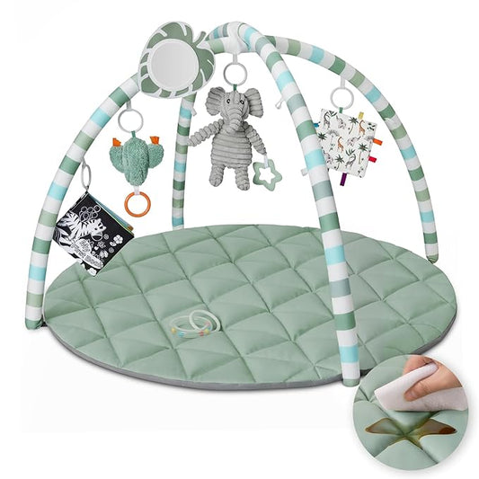 Blissful Diary Waterproof Baby Play Gym Mat, Wipe-Clean Vegan Leather Tummy Time Mat with 6 Detachable Toys, Baby Activity Mat, Sage Green-CubbioJoy