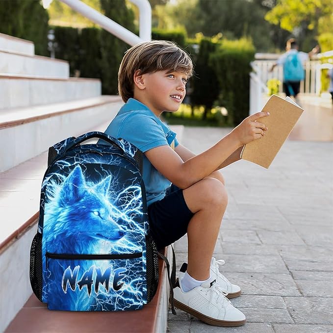 Custom Wolf Backpack for Boys Kids - 17 Inch Personalized Lightning Backpack for School Kindergarten Elementary Primary Senior Middle - Durable Cool Schoolbag with Name-CubbioJoy