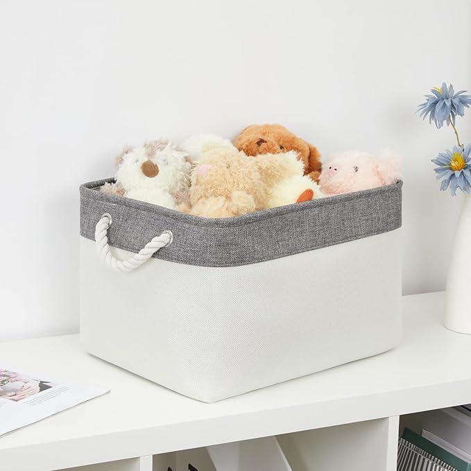 Bidtakay White Baskets with Cotton Rope Handles Decorative Storage Bins [3-pack] Fabric Bins for Organization Linen Closet Shelf Storage Baskets for Clothes Toys Towels 15 X 11 X 9.5 Inches-CubbioJoy