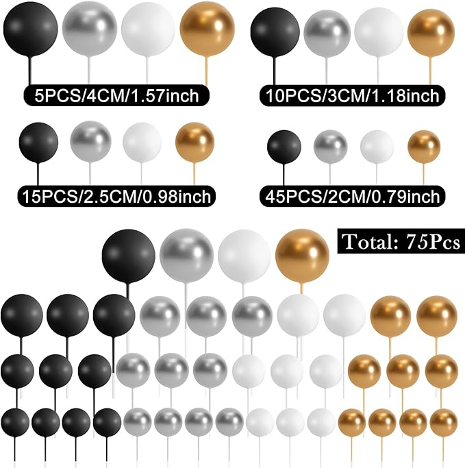 75 Pieces Cake Balls Topper Decorations Foam Cupcake Topper Mini Balloon Cake Topper Balls Cake Picks for Cake Deco Birthday Party Wedding（Black, Gold. Silver, White）-CubbioJoy