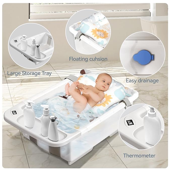 Collapsible Baby Bathtub - Large Capacity Baby Bath Tub with Thermometer & Soft Cushion | Portable Travel Newborn Infant Bathtub | Foldable Toddler Bathtub for Baby 0 to 36 Months (no Stand)-CubbioJoy