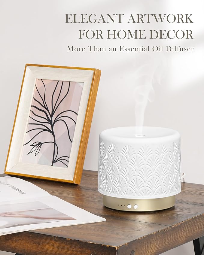 Ceramic Essential Oil Diffuser 280ml- Aromatherapy Diffuser with Ultrasonic Cool Mist Humidifier, Night Light, Timer, Auto Shut-Off, Large Room Aroma Diffuser for Home, Bedroom, Office, Yoga-CubbioJoy