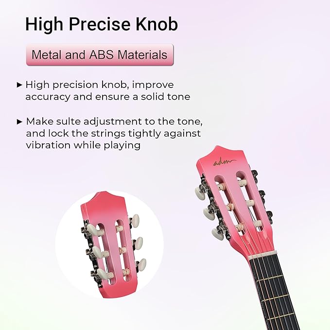 ADM Beginner Acoustic Classical Guitar 36 Inch Nylon Strings Wooden Guitar Bundle Kit for Kid Boy Girl Student Youth Guitarra Online Lessons with Gig Bag, Strap, Tuner, Strings, Picks, Pink-CubbioJoy