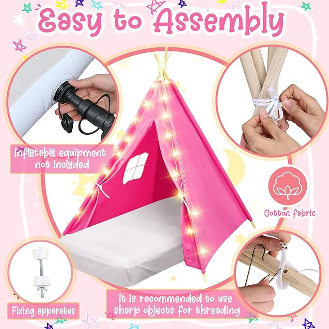 2 Pack Kids Teepee Tent with Mattress,Fitted Sheet,Light String,Washable Natural Cotton Toddler Play Tent for Girls Boys Indoor Outdoor Sleepover Slumber Birthday Party(Rose Red)-CubbioJoy