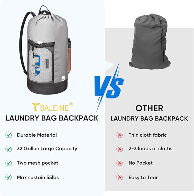 BALEINE 150L Laundry Bag Backpack, 900D Oxford Fabric Large Travel Laundry Bags with Shoulder Straps and 2 Mesh Pockets for College Dorm, Apartment, Laundromat (Grey, 150L)-CubbioJoy