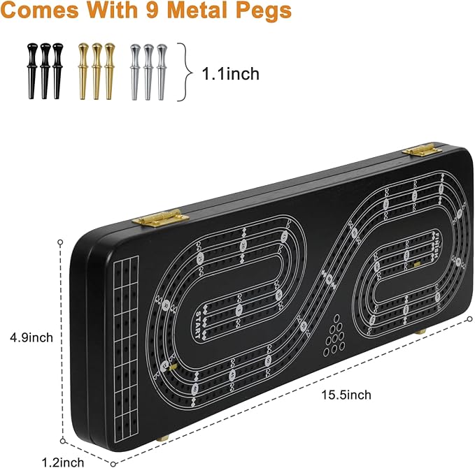 Cribbage Board Game Set 3 Tracks, 2 Storage Area, with 9 Metal Pegs,2 Decks of Playing Cards and Instruction, Wooden Travel Portable Cribbage Game Sets-CubbioJoy