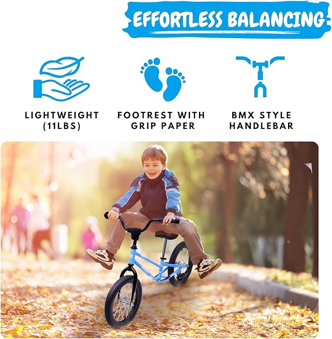 16 Inch Kids Balance Bike for 5-8 Year Old, BMX Kids Bike with No Pedals, Air Rubber Tires, Footrests, Adjustable Height for Big Kids, Boys, Girls-CubbioJoy