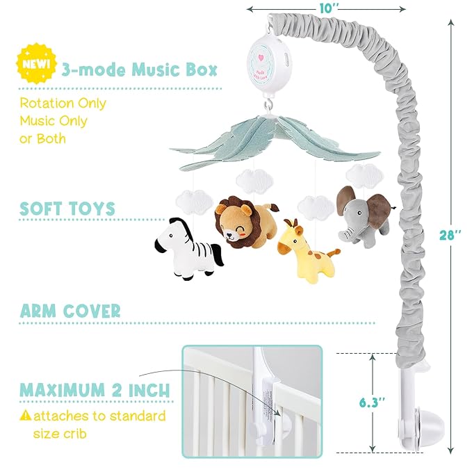 Animals Crib Mobile for Boys & Girls - Safari Baby Mobile for Crib with Upgraded 3-Mode Music Box, Nursery Mobiles, Fits Standard Cribs-CubbioJoy