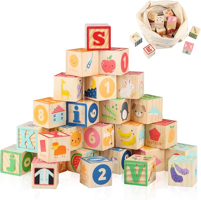 Joqutoys ABC Wooden Building Blocks for Toddlers 1-3 Large, 26 PCS Alphabet & Number Stacking Blocks, Educational Learning Toys for Boys Girls Kids Gifts 1.65''-CubbioJoy