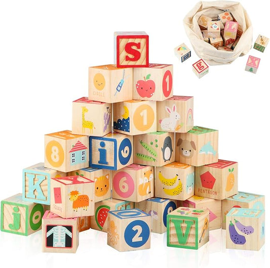 Joqutoys ABC Wooden Building Blocks for Toddlers 1-3 Large, 26 PCS Alphabet & Number Stacking Blocks, Educational Learning Toys for Boys Girls Kids Gifts 1.65''-CubbioJoy