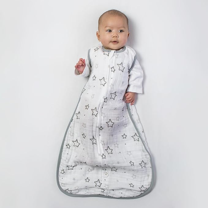 Amazing Baby Cotton Muslin Sleeping Sack, For Baby Boy or Girl, Wearable Blanket with 2-way Zipper, Stars, Sterling, Small (0-6 Month)-CubbioJoy