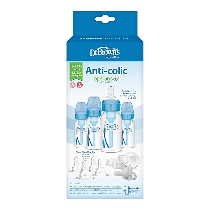Dr. Brown's Natural Flow Anti-Colic Options+ Narrow Breast to Bottle Pump & Store Feeding Set with Slow Flow Nipples, Baby Travel Caps and 100% Silicone HappyPaci One-Piece Pacifier, Blue-CubbioJoy