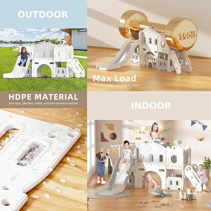 8 in 1 Toddler Slide Set, Kids Slide for Toddlers Age 1-3, Toddler Climber Slide PlaySet with Basketball Hoop,Outdoor Indoor Playground for Toddlers 1-3, White Gray-CubbioJoy