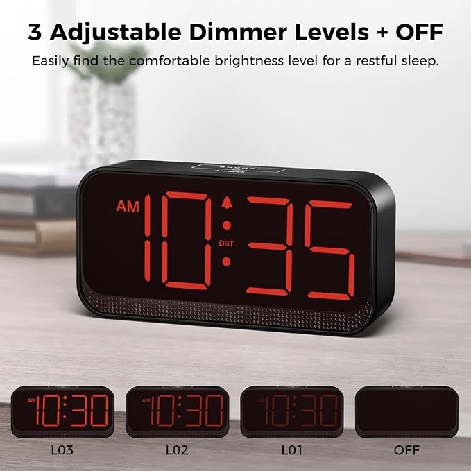 Battery Operated Digital Clock: Cordless Small Alarm Clock for Bedroom Travel - Large Numbers 4 Dimmers for All Ages Red Digits-CubbioJoy