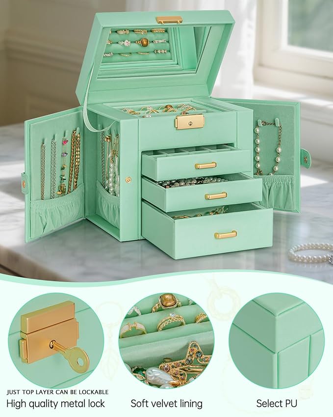 AKOZLIN 4-Tier Jewelry Box Leather Jewelry Storage Organizer with 3 Drawers Lockable for Women Girls Ring Necklace Earring Bracelet Holder with Mirror-CubbioJoy