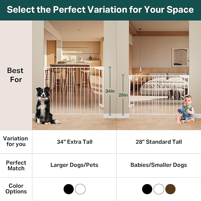 Cumbor 34" Extra Tall No Bottom Bar Baby Gate for Stairs, Auto Close Dog Gate Indoor for Larger Pets, 29.2-43" Hardware Mounted Safety Gate for Doorways, Wide Walk Thru Door for Easy Access (White)-CubbioJoy
