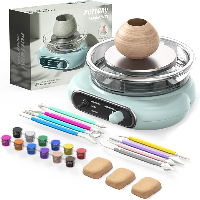 Alldeer Mini Pottery Wheel Kit - 4.7" Turntable Electric Clay Wheel with Foot Pedal, Adjustable Speed Ceramic Making Machine with 8 Pottery Shaping Tools, Craft Kits for Kids-CubbioJoy