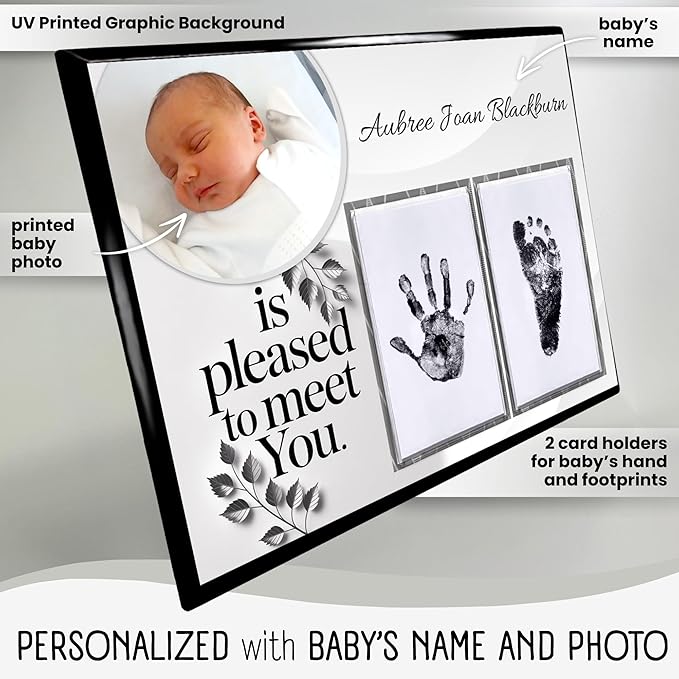 Baby Hand and Footprint Kit with Photo & Birth Details, Inkless Hand and Footprint Kit, Newborn Keepsake Plaque, Baby Shower Gifts (STYLE 1 (Fully Personalized) (Is Pleased To Meet You))-CubbioJoy