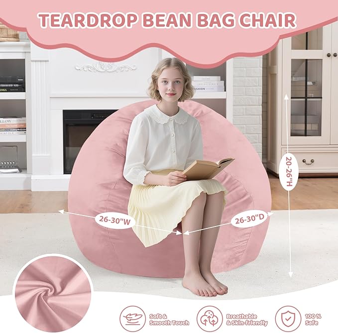 2FT Bean Bag Chair, Comfy Bean Bag Chairs with Memory Foam Filled, Fluffy Beanbag Sofa with Dutch Velvet Cover, Teardrop BeanBag Chairs for Living Room, Playroom - Light Pink-CubbioJoy