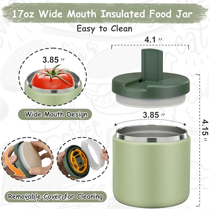 19oz Insulated Vacuum Food Jar with Buckle Lid Wide Mouth Soup Thermo for Hot Food Kids Leakproof Stainless Steel Lunch Container- Green-1Pack-CubbioJoy