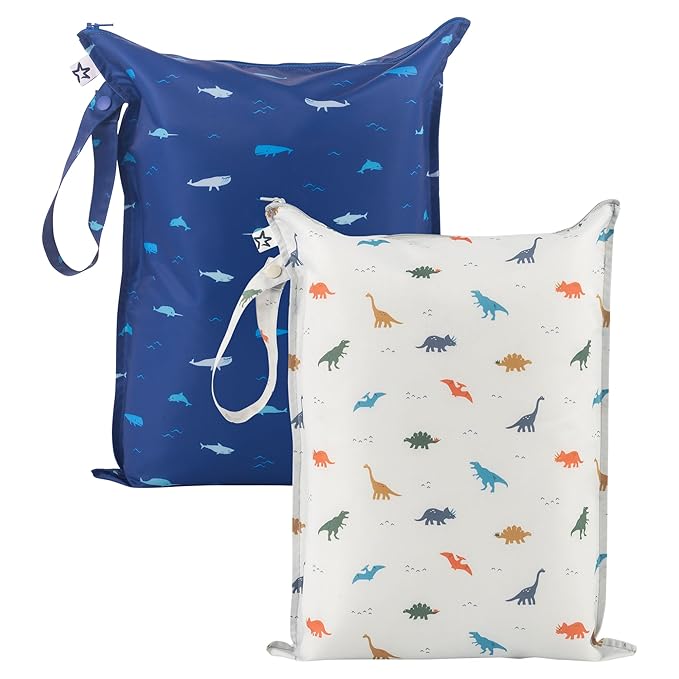 Tiny Twinkle Mess-Proof Waterproof Wet Dry Bag | 2-Pack Reusable Wet Bags for Swimsuits & Baby Clothes | Leakproof Wet Bag for Travel & Diaper Changes for Baby (Dinosaur, Ocean Life)-CubbioJoy