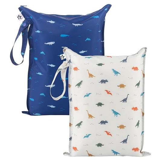 Tiny Twinkle Mess-Proof Waterproof Wet Dry Bag | 2-Pack Reusable Wet Bags for Swimsuits & Baby Clothes | Leakproof Wet Bag for Travel & Diaper Changes for Baby (Dinosaur, Ocean Life)-CubbioJoy