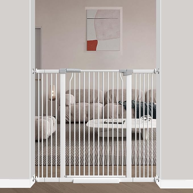 40.5" Extra Tall Baby Gate for Stairs, 40.6"-49.1" Extra Wide Dog Pet Gate Indoor, Pressure Mounted Safety First Baby Gate, No Drill Puppy Tall Gate for Doorways Walk Through House, White-CubbioJoy