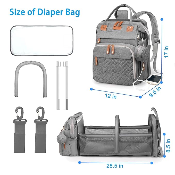 Jeryswet Baby Diaper Bags with Changing Station, Waterproof Large Capacity Diaper Bag Backpack for Moms Dads with USB Charging Port and Stroller Straps, Baby Shower Gifts, Grey-CubbioJoy