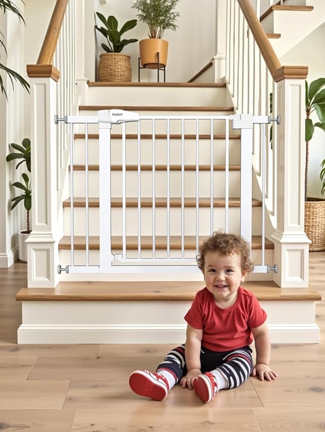 Baby Gate for Stairs, 29.5-40.5" Dog Gate for Doorways, Walk Thru Auto Close Metal Child Gate for The House, Stairs and Doorways, Pressure Mounted Pet Gate for Dog Indoor (White)-CubbioJoy