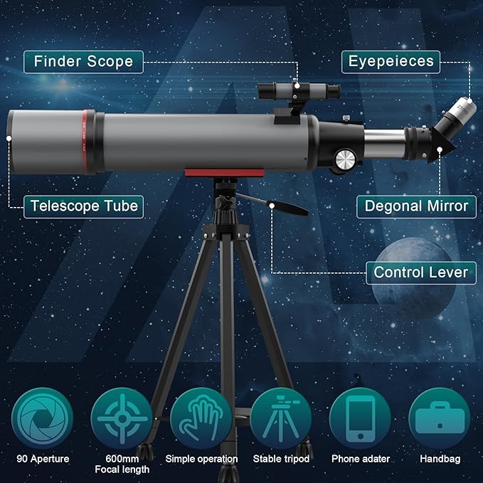 Aurosports Telescope for Adults High Powered - 90mm Aperture 600mm Refractor Telescope for Kids & Beginners -Portable Travel Telescope with Phone Adapter Tripod Wireless Remote & Carry Bag-CubbioJoy
