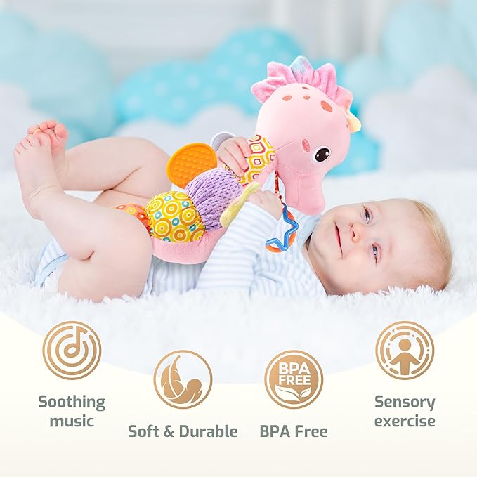 Sumobaby Infant Baby Musical Stuffed Animal Activity Soft Toys with Multi-Sensory Crinkle, Rattle and Textures, for Tummy Time Newborn 0-3-6-12 Months Girls,Seahorses, Pink-CubbioJoy