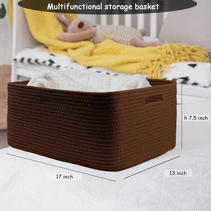 COMFY-HOMI Cotton Rope Woven Basket with Handles for Shelves,Toys,Book, Cloth Storage Baskets for Organizing-17" x 13" x 7.5" Toy Decorative Organizer for Living Room, Bathroom （dark brown）-CubbioJoy