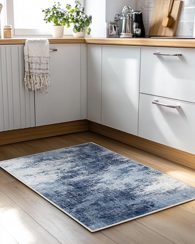 Amada Washable Entry Rug, 2x3 Modern Abstract Rug with Short Pile and Non-Slip Backing, Small Rug with Abstract Pattern for Entryway, Kitchen and Living Room, Dark Blue-CubbioJoy