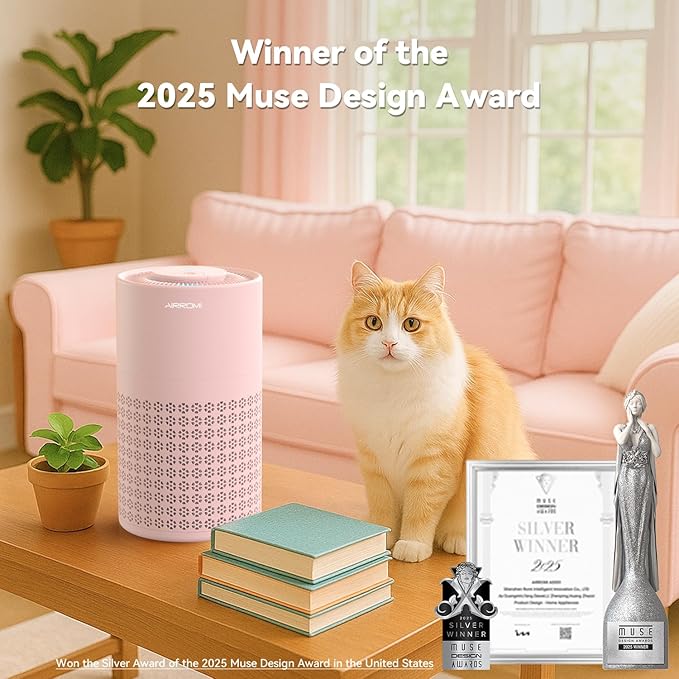 AIRROMI Air Purifier for Bedroom with HEPA 3-in-1 Filter, Pet Air Purifier for Home Cat Pee Smell, Covers Upto 990 Ft², Quiet 360° intake Air Cleaner for pet hair,allergies,Dust,Smoke A2001 Pink-CubbioJoy