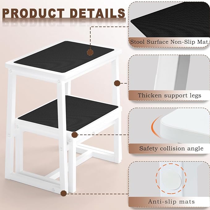 2 Step Stools for Adults Kids, Anti-Slip Sturdy Wooden Foot Stools with 500 Lbs Capacity for High Beds,Closet, Bathroom,Kitchen, Potty Training-CubbioJoy