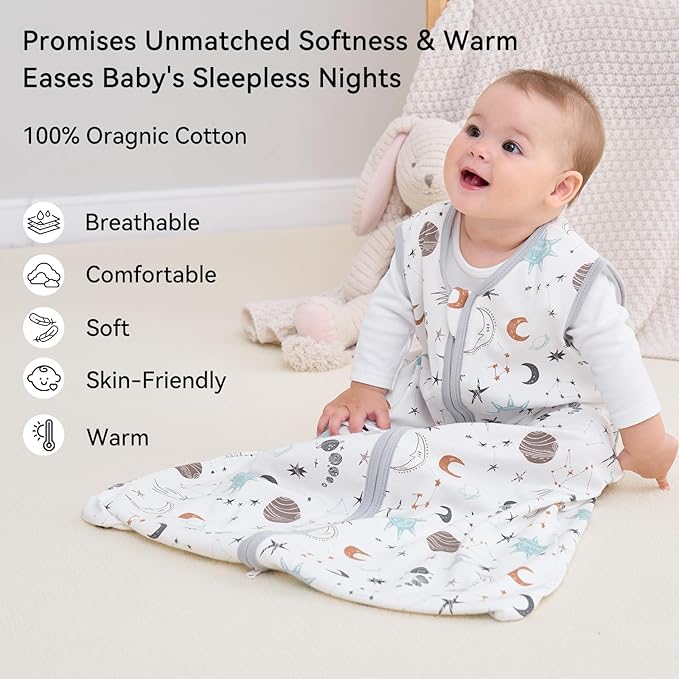 Baby Sleep Sack 12-18 Months 3 Pack 100% Cotton Lightweight 0.5 TOG Wearable Blanket Baby Sleep Bag with 2-Way Zipper for Newborn Infant White Gray Blue Space-CubbioJoy
