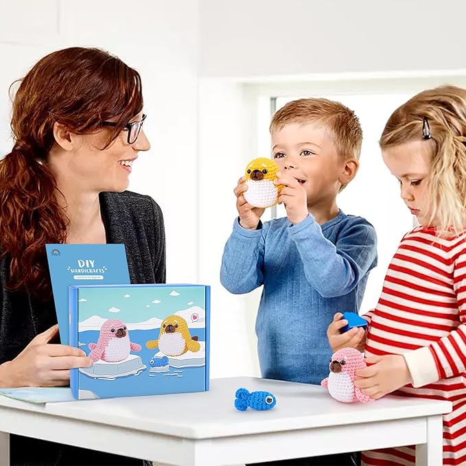 Crochet Kit for Beginners - Seal Crochet Kits with Step-by-Step Video Tutorials, Beginner Crochet Kit for Adults Kids, Crochet Animal Kit, 2 PCS Seals with a Fish Crocheting Set-CubbioJoy