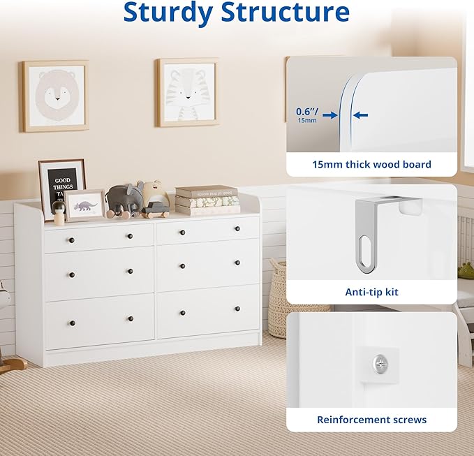 Cozy Castle Baby Dresser with 6 Drawers and Large Table Top, Multi-Functional Chest of Drawer, Drawer Dresser with Three-Sided High Rails for Nursery, Children's Room, Bedroom, White-CubbioJoy