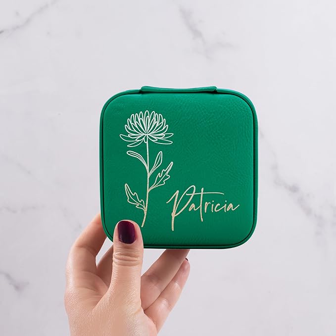 Custom Leather Jewelry Box w/Name & Birth Flower Month - Birthday Gifts for Women, Personalized Jewelry Travel Case - Customized Jewelry Organizer Box, Mom Birthday Gifts - Emerald-CubbioJoy