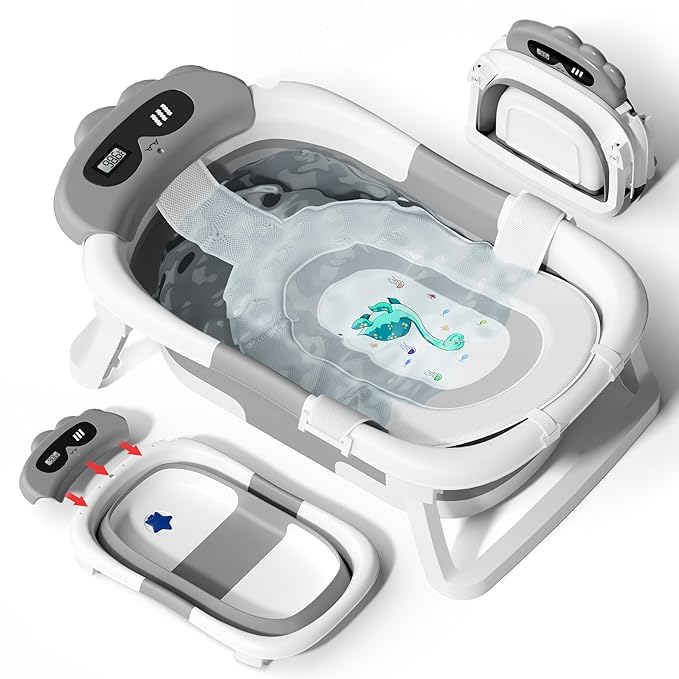 AVIDOR Baby Bathtub,Collapsible Bathtub for Newborn to Toddler,Durable Essential Infant Bath Tub,Portable Travel Baby Tub with Soft Bath Net,No-Slip Feet and Dinosaur Shaped (Grey)-CubbioJoy