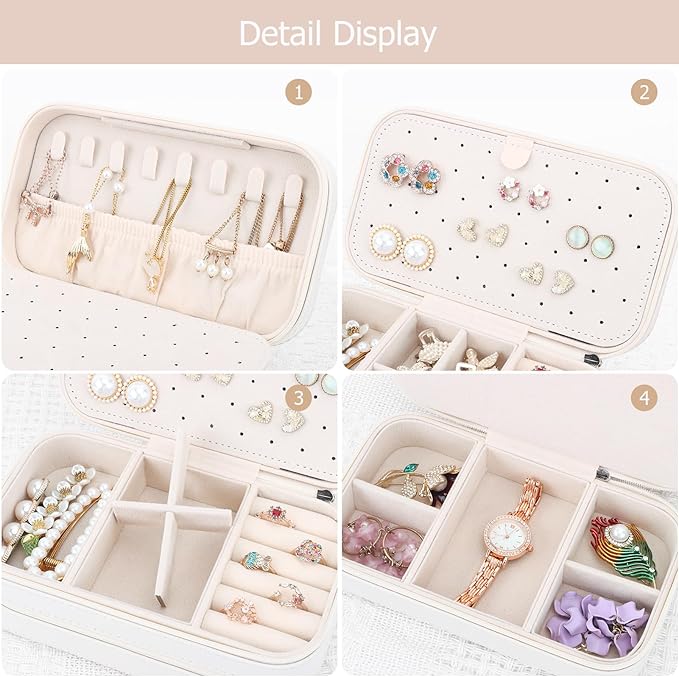 DesignSter Small Travel Jewelry Box with Double Zipper, 2 Layers PU Portable Jewelry Case for Women and Girls,Travel Jewelry Organizer for Rings, Earrings, Necklaces, Bracelets,Beige-CubbioJoy