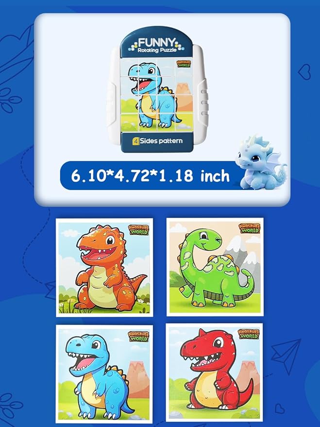 16-Piece Rotating Puzzles for Kids 4-6, Toddlers Puzzles 2-4, Road Trip, Airplane Activities Game, Travel Toys - Brain Teaser, Fine Motor Skills - Birthday Gifts Boys Girls - Dinosaur-CubbioJoy